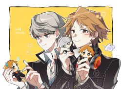 Rule 34 | 2boys, :t, black jacket, blush, border, brown eyes, brown hair, character doll, collared shirt, commentary request, flower, grey eyes, grey hair, hanamura yousuke, holding, holding stuffed toy, houndstooth, jacket, korean commentary, korean text, long sleeves, looking at object, looking at viewer, male focus, multiple boys, narukami yuu, obio (in mayonaka), open collar, outline, outside border, persona, persona 4, popped collar, puff of air, school uniform, shirt, short hair, simple background, smile, stuffed toy, sweat, three quarter view, translation request, upper body, white border, white outline, white shirt, wing collar, yasogami school uniform, yellow background
