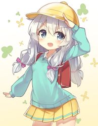 Rule 34 | 1girl, :d, backpack, bag, blue eyes, blush, bow, commentary request, contrapposto, cowboy shot, darnell, gradient background, hair bow, hat, kindergarten uniform, korean commentary, long hair, long sleeves, looking at viewer, open mouth, pleated skirt, randoseru, salute, school hat, sidelocks, silver hair, skirt, smile, solo, soulworker, standing, stella unibell, sweater, v-shaped eyebrows, wing collar, yellow skirt