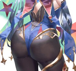 1girl ass ass_focus black_hair black_pantyhose blue_leotard commentary_request from_behind genshin_impact hani_haya highres huge_ass jewelry leotard long_hair mona_(genshin_impact) pantyhose solo thighlet thighs very_long_hair