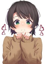 Rule 34 | 1girl, absurdres, black hair, blush, brown cardigan, cardigan, closed mouth, green eyes, heart, highres, hololive, long sleeves, looking at viewer, oozora subaru, short hair, simple background, sleeves past wrists, solo, starkamisan, swept bangs, upper body, virtual youtuber, white background
