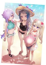 Rule 34 | 1boy, 2girls, :d, absurdres, barefoot, beach, bikini, black bikini, blonde hair, bracelet, breasts, bulge, commentary request, day, die (ohisashiburi), dress, floral print, flower, food, full body, hair flower, hair ornament, hair over one eye, hairclip, hand on own hip, hat, herme, highres, jewelry, long hair, looking at viewer, midriff, multiple girls, nail polish, ocean, ohisashiburi, open mouth, original, outside border, panty bulge, parted lips, pink eyes, popsicle, print dress, purple eyes, purple hair, purple hair girl (ohisashiburi), red nails, sandals, shadow, shorts, small breasts, smile, standing, sun hat, sundress, swimsuit, tankini, tareme, toenail polish, toenails, tongue, tongue out, trap, tsurime, twintails, very long hair