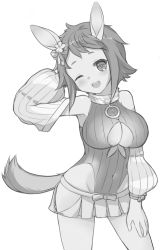 Rule 34 | 1girl, ;d, animal ears, blush, breasts, cleavage, cleavage cutout, clothing cutout, covered navel, greyscale, kida kuro mu, large breasts, looking at viewer, monochrome, one eye closed, open mouth, short hair, simple background, smile, solo, standing, tail, white background