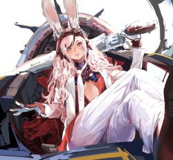 Rule 34 | 1girl, animal ears, warrior of light (ff14), blue eyes, breasts, business suit, center opening, commentary request, crossed legs, dutch angle, facial mark, feet out of frame, fictional persona, final fantasy, final fantasy xiv, foreshortening, formal, gloves, gun, gunblade, hairband, hand up, highres, holding, holding gun, holding sword, holding weapon, jacket, kiriyama, lips, long hair, long sleeves, looking at viewer, medium breasts, necktie, open clothes, open jacket, over shoulder, pant suit, pants, parted lips, rabbit ears, shoe soles, shoes, sitting, solo, stomach, suit, suit jacket, swept bangs, sword, sword over shoulder, underboob, viera, weapon, weapon over shoulder, white hair, white jacket, white necktie, white pants