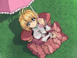 Rule 34 | 1girl, antenna hair, blonde hair, blue eyes, blush, brave soul, breasts, caren (brave soul), dress, dutch angle, covered erect nipples, frills, from above, game cg, glasses, grass, large breasts, looking up, mogudan, outdoors, shadow, sitting, skin tight, smile, solo, umbrella