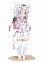 Rule 34 | 10s, 1girl, backpack, bag, blue eyes, blunt bangs, blush, commentary request, dragon girl, dragon horns, dragon tail, dress, full body, gradient hair, hairband, highres, horns, kanna kamui, kobayashi-san chi no maidragon, light purple hair, long hair, looking at viewer, low twintails, monster girl, multicolored hair, no shoes, sekira ame, silver hair, simple background, sketch, smile, solo, standing, tail, thighhighs, twintails, white thighhighs, zettai ryouiki