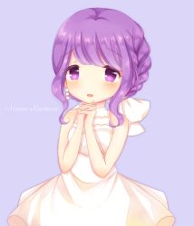 Rule 34 | 1girl, bare arms, bare shoulders, blush, bow, braid, caramel (caramelmilk), commentary request, copyright request, dress, hair bow, long hair, looking at viewer, own hands clasped, own hands together, parted lips, purple background, purple eyes, purple hair, sidelocks, sleeveless, sleeveless dress, smile, solo, white bow, white dress