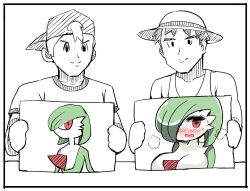 Rule 34 | 1girl, 2boys, baseball cap, blush, bob cut, breasts, colored skin, commentary request, creatures (company), diz (diznaoto), drawing (object), game freak, gardevoir, gen 3 pokemon, green hair, hair over one eye, hat, heavy breathing, highres, holding drawing, large breasts, multicolored skin, multiple boys, nintendo, pink eyes, pokemon, pokemon (creature), shirt, simple background, sketch, smile, sweatdrop, two-tone skin, white background, white skin