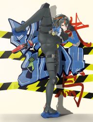 Rule 34 | 1girl, black gloves, black pants, breasts, cameltoe, gloves, graffiti, gun, handgun, high-waist pants, highres, holding, holding weapon, jacket, large breasts, leg up, long hair, long sleeves, multicolored hair, open clothes, orange eyes, pants, police, police uniform, policewoman, ponytail, signature, silhouette, solo, standing, standing on one leg, tight clothes, tight pants, user svny4824, weapon, zenless zone zero, zhu yuan