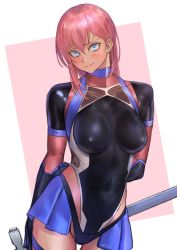Rule 34 | 1girl, arms behind back, black gloves, blue eyes, blue skirt, blush, bodysuit, breasts, closed mouth, cosplay, covered erect nipples, covered navel, cowboy shot, dark-skinned female, dark skin, elbow gloves, embarrassed, gloves, highres, holding, holding weapon, kilye kairi, large breasts, looking at viewer, miniskirt, original, pink hair, pleated skirt, showgirl skirt, skin tight, skirt, solo, standing, taimanin (series), taimanin suit, tan, weapon
