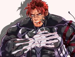 Rule 34 | 1boy, akashi (alter) (live a hero), bara, black bodysuit, bodysuit, cross scar, hand on own chest, highres, kizami nori to yamaimo, large pectorals, live a hero, male focus, muscular, muscular male, pectorals, red eyes, red hair, scar, scar on face, short hair, simple background, solo, tongue, tongue out, translation request, upper body, white background