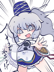 Rule 34 | 1girl, blue hat, blue skirt, chahan (fried rice0614), cowboy shot, emphasis lines, frilled skirt, frills, grey eyes, grey hair, hair between eyes, hat, highres, japanese clothes, kariginu, long hair, long sleeves, mononobe no futo, one-hour drawing challenge, open mouth, ponytail, simple background, skirt, smile, solo, tate eboshi, touhou, white background, wide sleeves