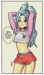 Rule 34 | 1girl, arms up, blue eyes, blue hair, breasts, chrono trigger, closed mouth, contrapposto, cowboy shot, crop top, dolphin shorts, earrings, english text, eyebrows hidden by hair, facing viewer, hair tie, hand in own hair, happy, high ponytail, highres, jewelry, long hair, long sleeves, looking at viewer, matching hair/eyes, medium breasts, midriff, multicolored clothes, navel, necklace, pendant, ponytail, purple shirt, red shorts, ryan jampole, schala zeal, shirt, shorts, signature, smile, solo, speech bubble, standing, talking, thick eyebrows, white shirt, white shorts