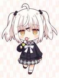 Rule 34 | 1girl, ahoge, black cardigan, blush stickers, bow, brown eyes, brown footwear, cardigan, chibi, closed mouth, commentary, dango, food, full body, grey skirt, hair between eyes, hair bobbles, hair ornament, hairclip, highres, holding, holding food, long sleeves, nakkar, original, plaid, plaid skirt, pleated skirt, puffy long sleeves, puffy sleeves, sanshoku dango, shoes, signature, skirt, socks, solo, standing, standing on one leg, twintails, wagashi, wavy hair, white bow, white hair, white socks, yagasuri