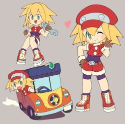 Rule 34 | 1girl, blush, brown gloves, cabbie hat, capcom, car, chibi, commentary request, double sided wrench, driving, gloves, green eyes, grey background, hair between eyes, hand on own hip, hat, long hair, looking at viewer, mega man (series), mega man legends (series), miyata (lhr), motor vehicle, multiple views, one eye closed, open mouth, red headwear, red shorts, roll caskett (mega man), shorts, smile, vehicle, waving, wrench