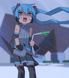 Rule 34 | 1girl, aqua eyes, aqua hair, aqua necktie, black skirt, black thighhighs, blurry, blurry background, detached sleeves, food, grey shirt, hatsune miku, headphones, headset, highres, holding, holding food, holding spring onion, holding vegetable, long hair, looking at viewer, necktie, open mouth, outdoors, pleated skirt, rain, shaded face, shirt, skirt, sleeveless, sleeveless shirt, solo, spring onion, storm, thighhighs, tokyo big sight, twintails, vegetable, very long hair, vocaloid, wind, yachima tana