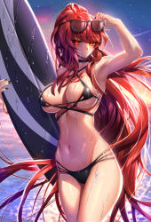 Rule 34 | 1girl, absurdres, areola slip, bare shoulders, been, holding behind back, bikini, black bikini, black nails, bloody queen (elsword), blush, breasts, cleavage, closed mouth, collarbone, commentary, cowboy shot, criss-cross halter, elesis (elsword), elsword, groin, halterneck, hand up, highres, holding, holding surfboard, large breasts, legs together, long hair, looking at viewer, multi-strapped bikini, nail polish, navel, ocean, outdoors, red eyes, red hair, sidelocks, sky, solo, standing, stomach, surfboard, swimsuit, very long hair, wet