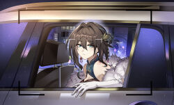 1girl absurdres bare_shoulders black_hair blue_gloves breasts car chinese_hairpin city cleavage closed_mouth earrings elbow_gloves fur-trimmed_jacket fur_trim gloves green_eyes hair_between_eyes hair_intakes hair_ornament hamilundenongdizhe highres honkai:_star_rail honkai_(series) jacket jewelry large_breasts long_hair looking_at_viewer motor_vehicle night on_car ruan_mei_(honkai:_star_rail) solo upper_body