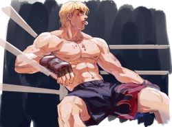 Rule 34 | 1boy, abs, bara, black shorts, blonde hair, blood, blood on face, bruise, dougi, feet out of frame, highres, injury, ken masters, looking to the side, male focus, muscular, muscular male, navel, nipples, pectorals, short hair, shorts, simple background, sitting, solo, spread legs, stomach, street fighter, sweat, thick eyebrows, thick thighs, thighs, topless male, wrestling outfit, wrestling ring, yuiofire