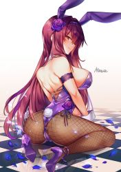 Rule 34 | 1girl, animal ears, arm garter, artist name, ass, bare shoulders, blush, breasts, brown pantyhose, cameltoe, checkered floor, detached collar, fake animal ears, fake tail, fate/grand order, fate (series), fishnet pantyhose, fishnets, flower, from behind, hair between eyes, hair flower, hair ornament, hairband, high heels, highres, large breasts, leotard, long hair, looking at viewer, looking back, maett, official alternate costume, pantyhose, petals, playboy bunny, purple flower, purple footwear, purple hair, purple hairband, purple leotard, purple rose, rabbit ears, rabbit tail, red eyes, rose, scathach (fate), scathach (piercing bunny) (fate), shoulder blades, sitting, smile, solo, tail, very long hair, wariza, wrist cuffs