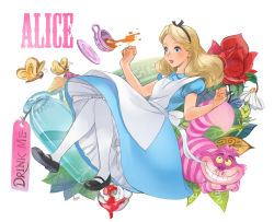 Rule 34 | 1girl, alice (alice in wonderland), alice in wonderland, animal, ano (sbee), apron, artist name, blonde hair, bloomers, blue dress, blue eyes, bottle, bug, butterfly, cat, character name, cup, disney, dress, flower, hair ornament, hair ribbon, highres, insect, leaf, long hair, looking away, mushroom, paint, pantyhose, plant, ribbon, rose, saucer, shoes, simple background, solo focus, tag, tea, teacup, thighhighs, underwear, upskirt, white background, white thighhighs