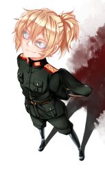 Rule 34 | 10s, 1girl, arms behind back, belt, blonde hair, blue eyes, boots, evil smile, eyelashes, from above, hat, highres, military, military hat, military uniform, perspective, ponytail, shadow, smile, solo, tanya degurechaff, twrlare, uniform, white background, youjo senki