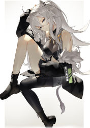 Rule 34 | 1girl, absurdres, ahoge, animal ears, bare shoulders, black footwear, black jacket, blush, boots, breasts, cleavage, commentary, earrings, fur-trimmed jacket, fur trim, gradient background, grey background, grey eyes, hair between eyes, highres, hololive, jacket, jewelry, knee up, large breasts, lion ears, lion girl, lion tail, long hair, long sleeves, looking at viewer, necklace, off shoulder, scottie (phantom2), see-through, see-through cleavage, shirt, shishiro botan, shishiro botan (1st costume), silver hair, single leg pantyhose, sitting, skirt, sleeveless, sleeveless shirt, solo, tail, thighs, very long hair, virtual youtuber, white background