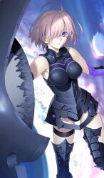 1girl ahoge armor armored_legwear armored_leotard bare_shoulders black_armor black_gloves black_leotard black_straps breasts cloud cloudy_sky commentary cowboy_shot elbow_gloves fate/grand_order fate_(series) gloves hair_over_one_eye holding holding_shield leotard looking_at_viewer lord_camelot_(fate) mash_kyrielight_(demi-servant) medium_breasts official_art open_mouth pink_hair purple_eyes purple_gloves shield short_hair sky solo takeuchi_takashi teeth thigh_strap third-party_source two-tone_gloves two-tone_leotard