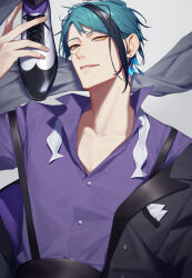 Rule 34 | 13 (bbr584607091), 1boy, aqua hair, black hair, black jacket, bow, bowtie, collared shirt, earrings, grey background, grey scarf, half-closed eyes, hand up, highres, jacket, jade leech, jewelry, looking at viewer, lying, male focus, multicolored hair, on back, pocket square, purple shirt, scarf, shirt, shoes, simple background, single earring, smile, solo, streaked hair, suspenders, twisted wonderland, undone bowtie, upper body, white bow, white bowtie