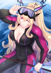 Rule 34 | 1girl, adjusting goggles, barghest (fate), blonde hair, bodysuit, breasts, chain, cleavage, collarbone, commentary request, diving suit, fate/grand order, fate (series), fish, goggles, goggles on head, highres, large breasts, long hair, one eye closed, red eyes, saksan123, solo, swimsuit, water, wet, wetsuit
