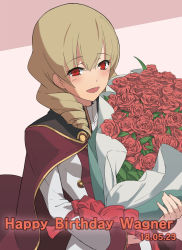Rule 34 | 1girl, birthday, blonde hair, blush, bouquet, cape, drill hair, erika wagner, eyebrows hidden by hair, flower, highres, nakahara yuusuke, official art, red cape, red eyes, rose, simple background, smile, tagme, under night in-birth