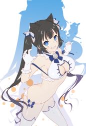 Rule 34 | 10s, 1girl, adapted costume, alternate costume, animal ear legwear, animal ears, arm ribbon, ass, bell, black hair, blue bow, blue bowtie, blue eyes, blue ribbon, bow, bowtie, breasts, butt crack, cat cutout, cat ear legwear, cat ear panties, cat ears, cat lingerie, choker, claw pose, cleavage, cleavage cutout, clothing cutout, dress, dungeon ni deai wo motomeru no wa machigatteiru darou ka, frills, gloves, grin, hair ornament, hair ribbon, harafha, hestia (danmachi), highres, jingle bell, kemonomimi mode, large breasts, long hair, looking at viewer, meme attire, navel, neck bell, panties, rei no himo, ribbon, silhouette, smile, solo, standing, stomach, string panties, twintails, underwear, underwear only, white dress, white gloves, white panties