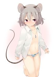 Rule 34 | 1girl, akagashi hagane, animal ears, bad id, bad pixiv id, barefoot, blue panties, blush, covering privates, covering breasts, dress shirt, flat chest, gradient background, grey hair, jewelry, long sleeves, looking away, midriff, mouse ears, mouse tail, navel, nazrin, necklace, no bra, open clothes, open shirt, panties, pink eyes, shirt, short hair, simple background, solo, tail, touhou, underwear