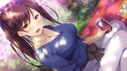 Rule 34 | 1girl, ayase hazuki, blush, breasts, brown hair, can, cherry blossoms, cleavage, female focus, from above, game cg, grass, high ponytail, holding, holding can, jewelry, knot fiction!, large breasts, legs, light blush, long hair, looking at viewer, narumiya chisa, necklace, open mouth, original, outdoors, ring, ring necklace, sitting, skirt, solo, thighs, towel, yellow eyes