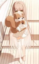 Rule 34 | 1girl, barefoot, brown eyes, brown hair, commentary request, covered mouth, full body, hair ornament, hairclip, long hair, long sleeves, looking at viewer, hugging object, original, shirt, sleeves past wrists, solo, squirrel girl (yuuhagi (amaretto-no-natsu)), standing, stuffed squirrel, very long hair, white shirt, yuuhagi (amaretto-no-natsu)