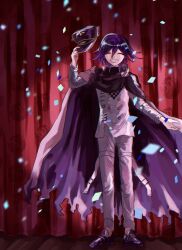 Rule 34 | 1boy, black cape, black footwear, buttons, cape, chi gaya, closed eyes, confetti, curtains, danganronpa (series), danganronpa v3: killing harmony, double-breasted, facing viewer, full body, grey jacket, grey pants, grin, hair between eyes, highres, jacket, oma kokichi, pants, pink cape, purple hair, shoes, smile, solo, standing, teeth, torn cape, torn clothes