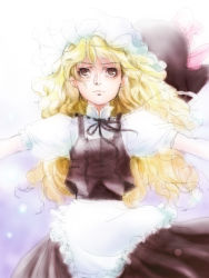 Rule 34 | 1girl, apron, bad id, bad pixiv id, black hat, black ribbon, black skirt, black vest, blonde hair, bow, closed mouth, embellished costume, eyebrows, female focus, frilled apron, frills, hat, hat bow, hat ribbon, kirisame marisa, long hair, looking up, matsudo aya, mob cap, neck ribbon, outstretched arms, purple background, ribbon, shirt, skirt, solo, spread arms, touhou, unworn hat, unworn headwear, upper body, vest, waist apron, wavy hair, white apron, white hat, white shirt, wind, witch, witch hat, yellow eyes
