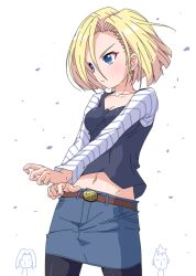 Rule 34 | 1girl, 3boys, android 16, android 17, android 18, belt, black pantyhose, blonde hair, blue eyes, breasts, brother and sister, buckle, cleavage, dragon ball, dragonball z, earrings, jewelry, k10k, long sleeves, medium breasts, midriff, multiple boys, navel, pantyhose, pencil skirt, short hair, siblings, skirt, solo focus, wind