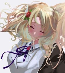 Rule 34 | 2girls, absurdres, arm at side, back-to-back, black shirt, blonde hair, blush, breasts, closed eyes, closed mouth, collared shirt, commentary request, floating hair, flower, grey background, hair flower, hair ornament, heads together, highres, jacket, long hair, long sleeves, medium breasts, midori usagi, multiple girls, neck ribbon, purple ribbon, red flower, red rose, ribbon, rinmeikan girls school uniform, rose, sailor collar, school uniform, serafuku, shirt, shoujo kageki revue starlight, shoujo kageki revue starlight -re live-, siblings, simple background, sisters, smile, solo focus, swept bangs, upper body, wavy hair, white jacket, white sailor collar, yumeoji fumi, yumeoji shiori