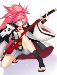 Rule 34 | 1girl, absurdres, amputee, arc system works, baiken, boots, breasts, cleavage, eyepatch, facial tattoo, guilty gear, guilty gear xrd, highres, holding, holding sword, holding weapon, large breasts, long hair, one-eyed, pink eyes, pink hair, ponytail, sarashi, scar, scar across eye, scar on face, sheath, sheathed, solo, sword, tattoo, tetsu (kimuchi), toeless footwear, unsheathing, weapon