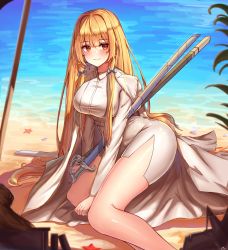 Rule 34 | 1girl, absurdres, ag-2c sirene, beach, blonde hair, blush, bow, cosplay, formal, full body, hair bow, highres, invincible dragon (last origin), invincible dragon (last origin) (cosplay), jacket, jacket on shoulders, last origin, lilac (k32420276), long hair, looking to the side, pencil skirt, red hair, saber (weapon), skirt, skirt suit, smile, solo, starfish, suit, sword, very long hair, water, weapon