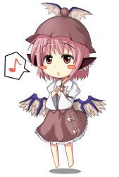Rule 34 | 1girl, animal ears, bad id, bad pixiv id, bird wings, blush stickers, female focus, hat, highres, long sleeves, musical note, mystia lorelei, nowheresoul, open mouth, pink hair, puffy sleeves, quaver, red eyes, short hair, simple background, solo, spoken musical note, touhou, white background, wide sleeves, wings