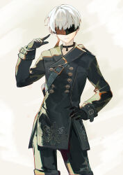 Rule 34 | 1boy, 9s (nier:automata), absurdres, black blindfold, black choker, black gloves, black jacket, black shorts, blindfold, choker, closed mouth, ershuihe, gloves, hand on own hip, highres, jacket, long sleeves, looking at viewer, male focus, nier:automata, nier (series), pointing, pointing at self, shorts, simple background, solo, white hair
