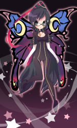 Rule 34 | 1girl, bayonetta (series), bayonetta 1, black hair, butterfly wings, chibi, cleavage cutout, clothing cutout, crescent moon, elbow gloves, fairy, glasses, gloves, insect wings, long hair, moon, ribbon, solo, star (symbol), wings