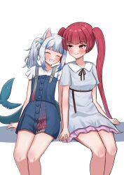 Rule 34 | 2girls, absurdres, animal ears, blue hair, blue skirt, blunt bangs, blush, cat ears, closed eyes, closed mouth, cube hair ornament, dress, fins, fish tail, frilled sleeves, frills, gawr gura, gawr gura (casual), grey hair, hair ornament, heterochromia, highres, holding hands, hololive, hololive english, houshou marine, long hair, medium hair, multicolored hair, multiple girls, red eyes, red hair, shark girl, shark tail, sharkudon, shirt, short sleeves, side ponytail, sidelocks, skirt, skirt set, smile, streaked hair, tail, twintails, virtual youtuber, white background, white dress, white shirt, yellow eyes