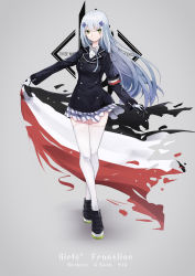 Rule 34 | 1girl, absurdres, armband, black footwear, blue skirt, blunt bangs, buttons, character name, closed mouth, coat, copyright name, cross, crossed legs, double-breasted, expressionless, facial mark, flag, full body, girls&#039; frontline, gloves, green eyes, hair ornament, hairpin, highres, hk416 (girls&#039; frontline), holding, holding flag, imperial german flag, iron cross, jacket, long hair, long sleeves, looking at viewer, military, military jacket, military uniform, miniskirt, outstretched arm, plaid, plaid skirt, shoes, silver hair, skirt, solo, standing, thighhighs, trench coat, umi okami kun, uniform, very long hair, watson cross, white gloves, white thighhighs, zettai ryouiki