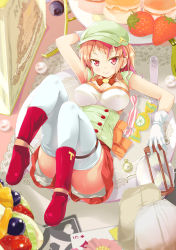 Rule 34 | 1girl, arm up, blush, boots, bow, breasts, cabbie hat, cafe-chan to break time, candy, card, cover image, food, fruit, gloves, hat, hourglass, large bow, large breasts, lemon, lemon slice, long hair, looking at viewer, lying, mini person, minigirl, on back, orange hair, original, personification, pink eyes, playing card, pocket watch, porurin (do-desho), shorts, smile, solo, strawberry, tea (cafe-chan to break time), teabag, teaspoon, thighhighs, watch, white gloves, white thighhighs