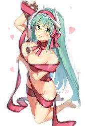 Rule 34 | 1girl, absurdres, aqua hair, arm under breasts, bare shoulders, blush, bow, breast hold, breasts, candy, chocolate, chocolate heart, collarbone, dragon horns, fate/grand order, fate (series), feet, food, green eyes, hair between eyes, hairband, hand up, heart, highres, hip focus, horns, kiyohime (fate), kneeling, large breasts, legs, long hair, looking at viewer, naked ribbon, navel, open mouth, pink ribbon, pouring, ribbon, simple background, smile, solo, thighs, white background, xkirara39x