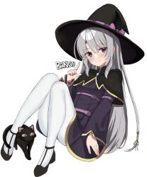 Rule 34 | 1girl, adapted costume, arm at side, ayachi nene, belt, black capelet, black cat, black footwear, blush, bow, capelet, cat, closed mouth, commentary request, convenient leg, dress, eyes visible through hair, full body, grey hair, hair between eyes, hand up, hat, hat bow, high heels, highres, index finger raised, knees up, long hair, long sleeves, looking at viewer, low-tied long hair, pantyhose, pink belt, pink bow, pumps, purple dress, purple eyes, sanoba witch, short dress, sidelocks, simple background, sitting, smile, solo, souma nanao, sound effects, split mouth, straight hair, tft (tft7822), tsurime, very long hair, white background, white pantyhose, wide sleeves, witch, witch hat