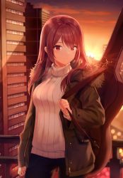 Rule 34 | 0v0 (l seohui), 1girl, absurdres, backlighting, blush, building, cowboy shot, fur-trimmed jacket, fur trim, highres, instrument case, jacket, long hair, looking at viewer, mole, mole under eye, original, pants, purple hair, red eyes, ribbed sweater, solo, sunset, sweater, white sweater, zipper