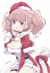Rule 34 | 1girl, anchor hair ornament, atlanta (kancolle), breasts, brown hair, capelet, cleavage, commentary request, cowboy shot, dress, earrings, fur-trimmed capelet, fur-trimmed dress, fur-trimmed headwear, fur trim, grey eyes, hair ornament, hat, index finger raised, jewelry, kantai collection, large breasts, long hair, looking at viewer, miko (35nikomi), official alternate costume, red capelet, red hat, sack, santa hat, simple background, solo, star (symbol), star earrings, two-tone dress, two side up, white background, white dress